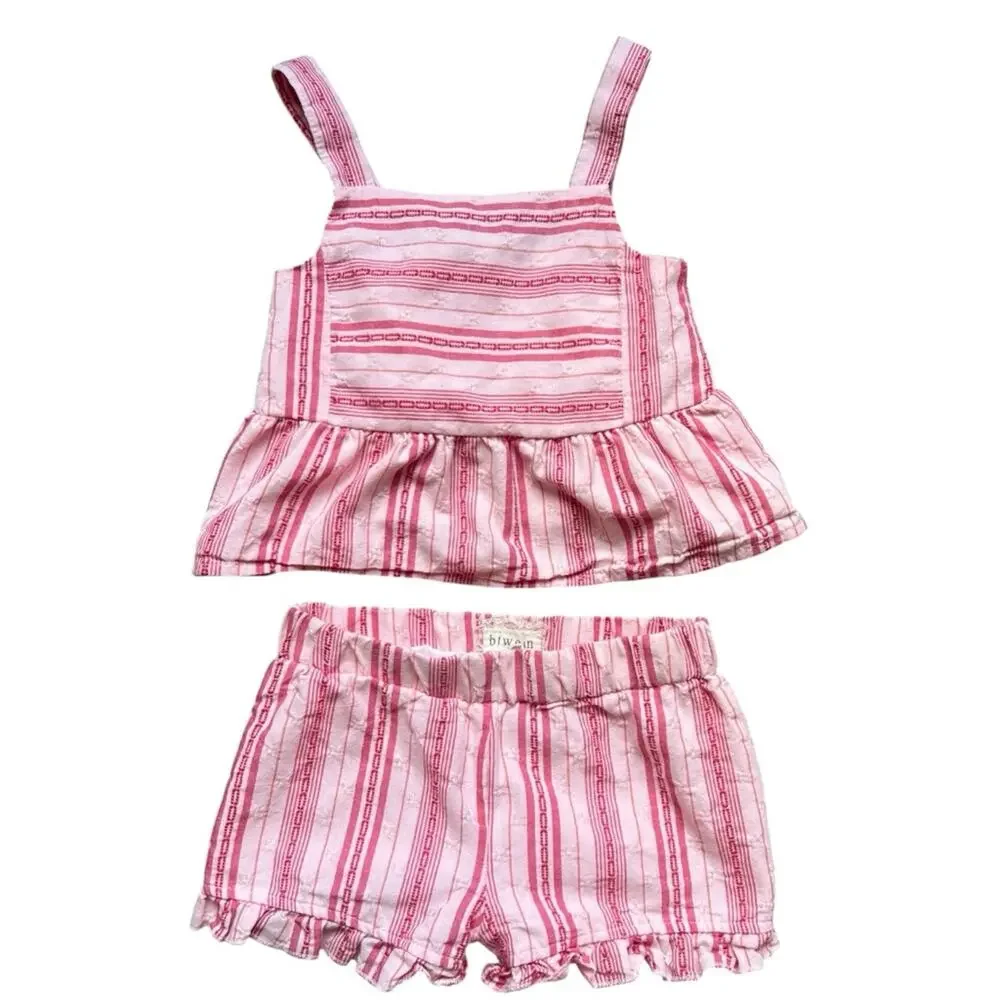 Btween Matching Red and Pink Striped Tank Top and Shorts Set - Size 4 - Picture 2 of 4